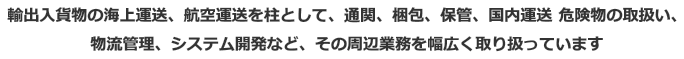 輸出入貨物の海上運送、航空運送を柱として、通関、梱包、保管、国内運送 危険物の取扱い、物流管理、システム開発など、その周辺業務を幅広く取り扱っています